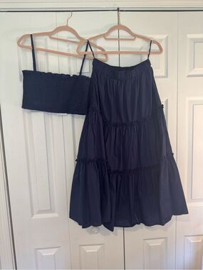 o.p.t Two Piece Navy Skirt Set Smocked Crop Top Size S NWT